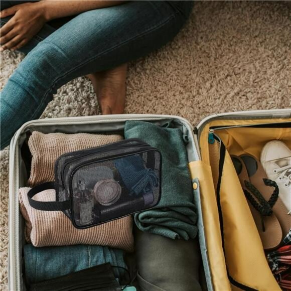 Black mesh shower caddy bag toiletry organizer quick dry for gym travel dorm cam - Picture 7 of 8